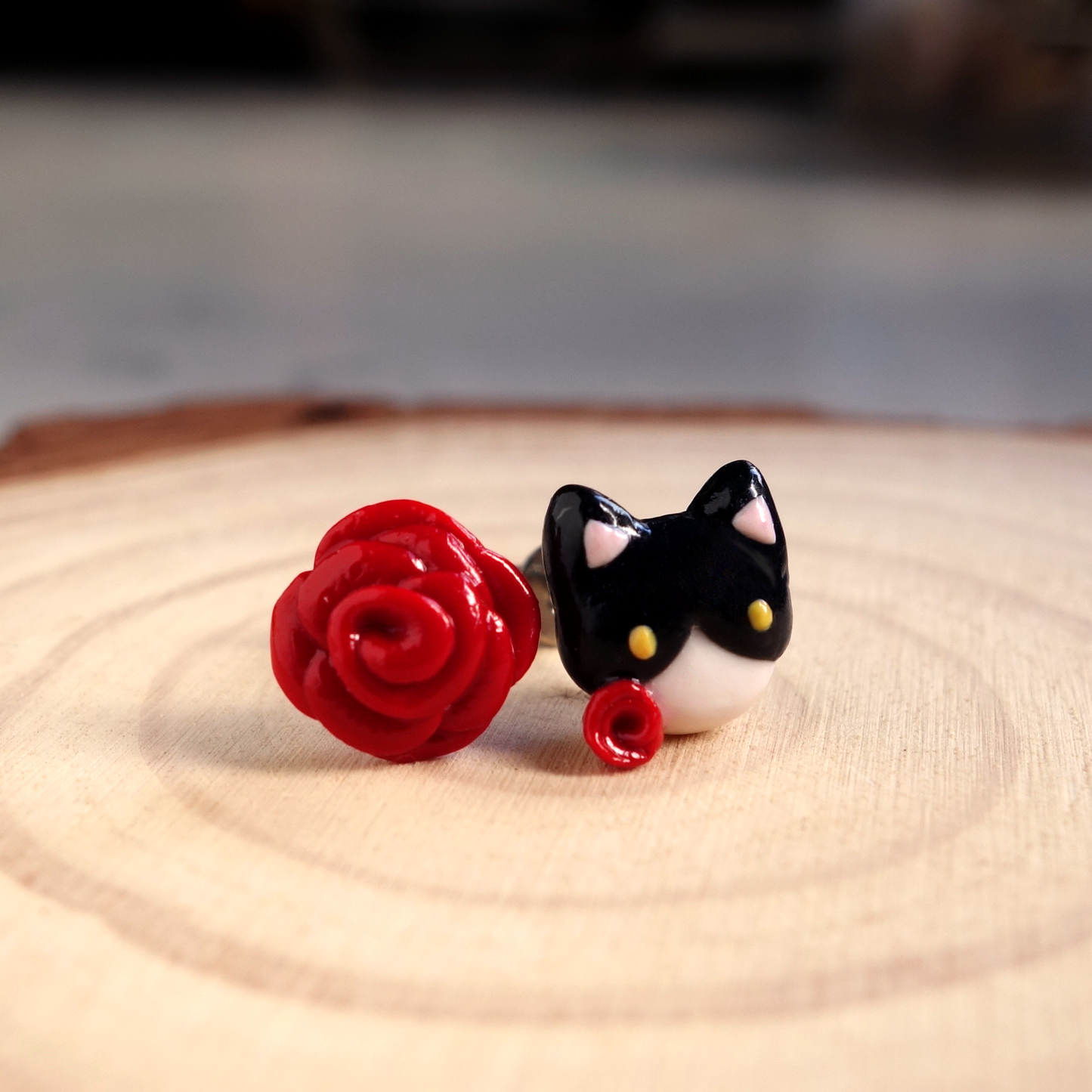 Tuxedo Cat & Rose Ear Studs [Made-to-Order]